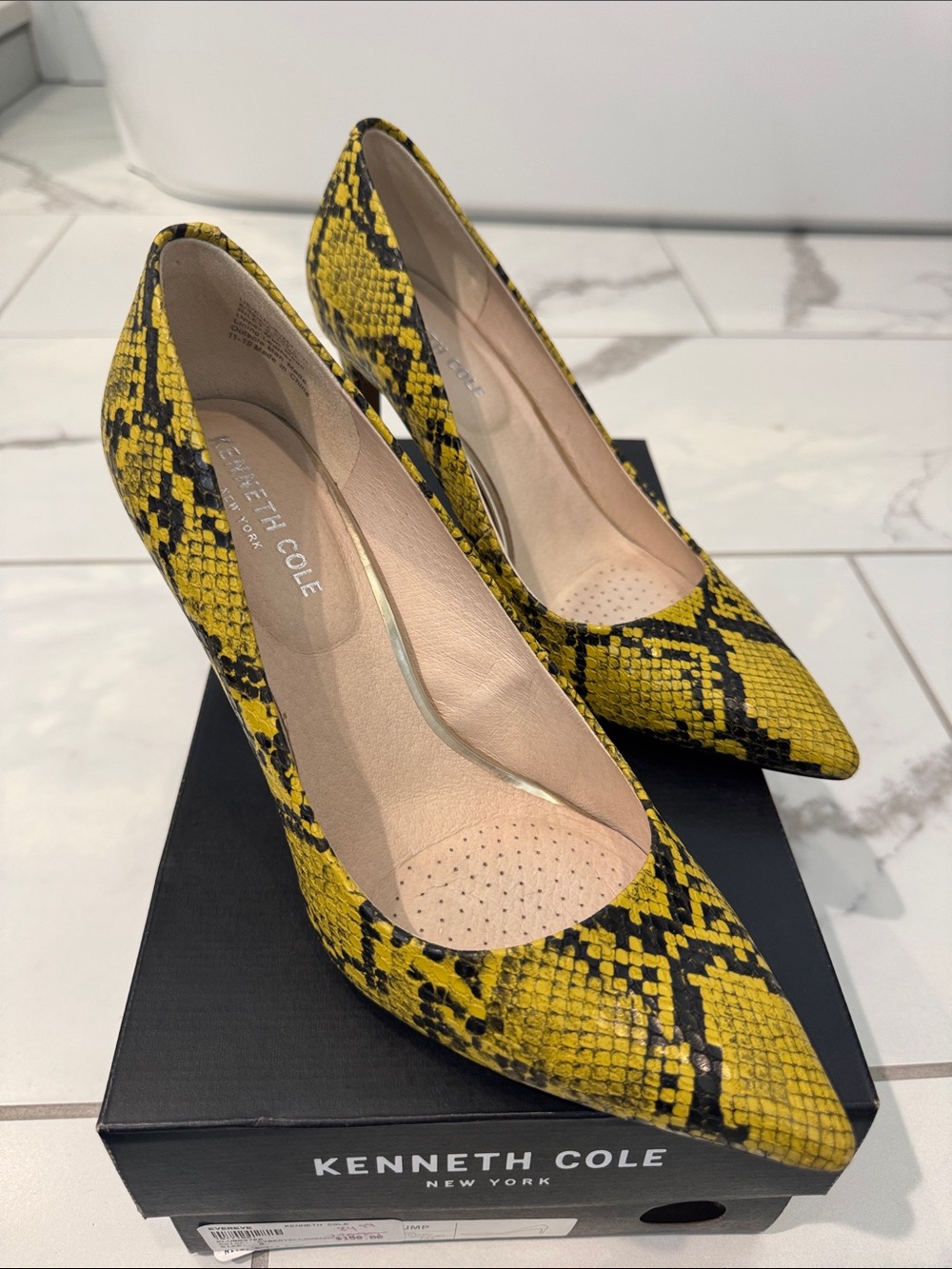 Kenneth Cole Yellow Snake-Print Pointed Toe Pumps